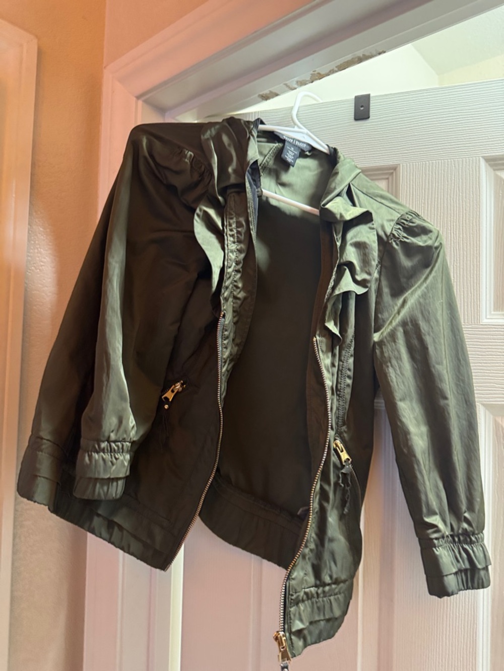 White House Black Market Olive Green Ruffle-Trim Utility Jacket